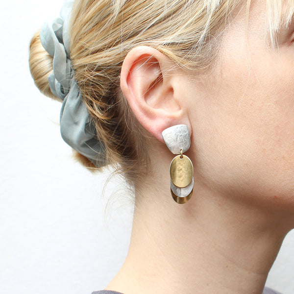 Tapered Square with Small Stacked and Dished Ovals Clip or Post Earring