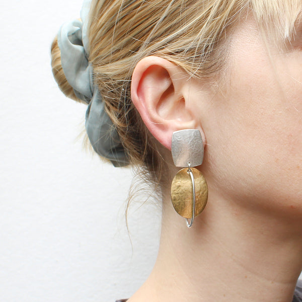 Rounded Rectangle with Large Oval and Interlocking Ring Clip or Post Earring