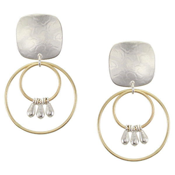 Large Rounded Square with Double Rings and Teardrops Clip or Post Earring
