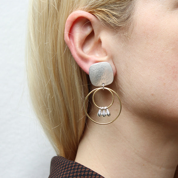 Large Rounded Square with Double Rings and Teardrops Clip or Post Earring