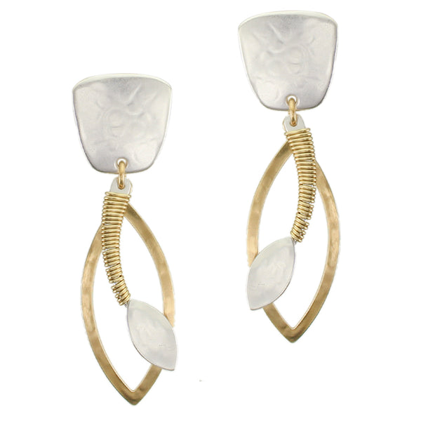 Tapered Square with Wire Wrapped Swoop with Leaf and Leaf Frame Clip or Post Earring
