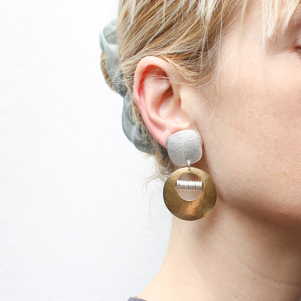 Rounded Square with Cutout Disc and Coil Clip or Post Earring