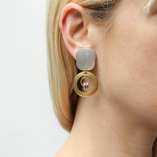Rounded Rectangle with Ring and Flat Beads Clip or Post Earring