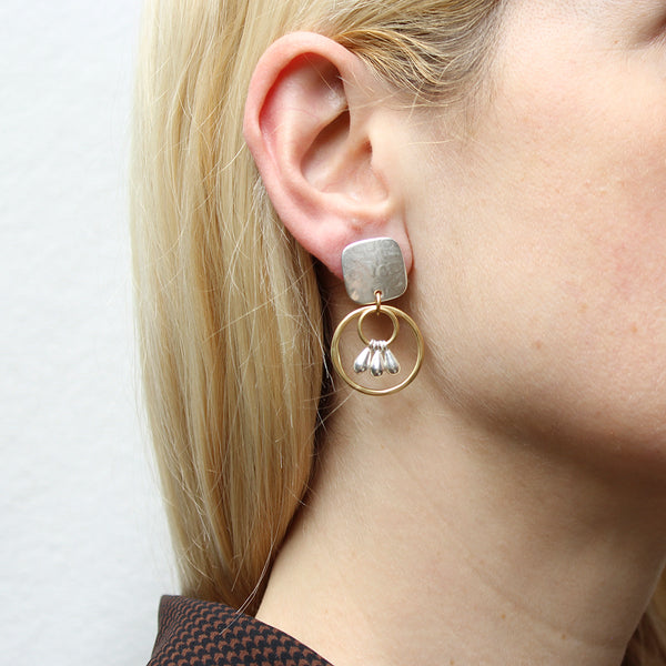 Small Rounded Square with Double Rings and Teardrops Clip or Post Earring