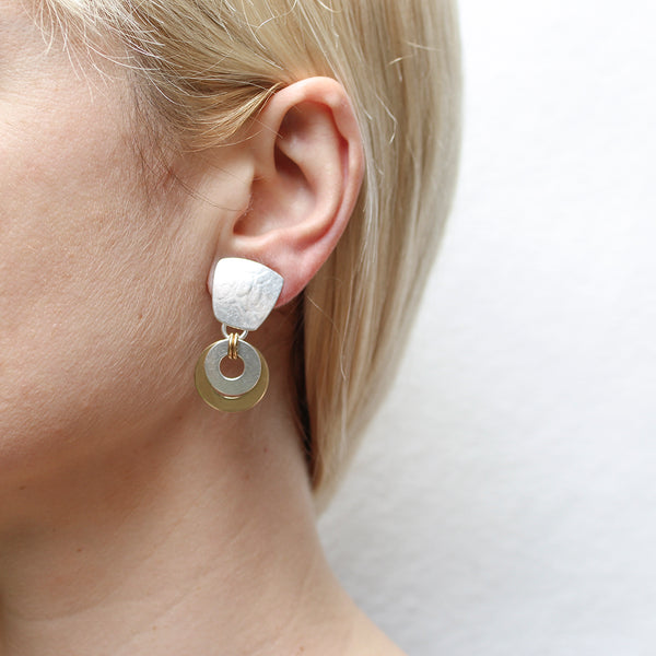 Tapered Square with Layered Double Linked Rings Clip or Post Earring