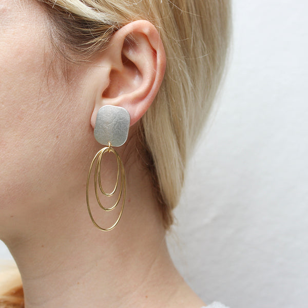 Rounded Rectangle with Triple Oval Rings Clip or Post Earring
