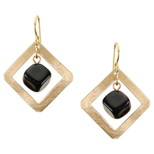Square Frame with Black Cube Bead Wire Earrings