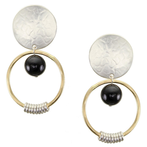 Disc with Black Bead and Rings Clip or Post Earring