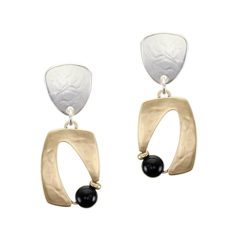 Rounded Triangle with Abstract Crescent with Black Beads Post Earrings