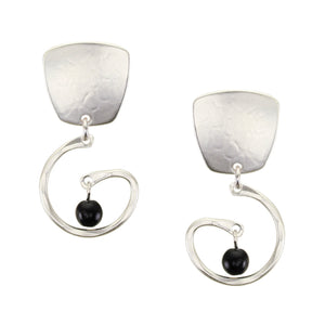Tapered Square with Swirl and Black Beads Clip or Post Earring