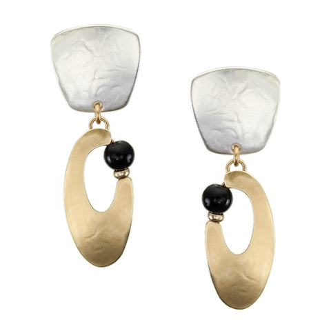 Tapered Square with Oval Crescent and Black Bead Clip or Post Earring