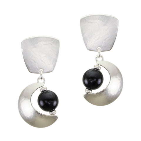 Tapered Square with Crescent and Black Bead Clip or Post Earring