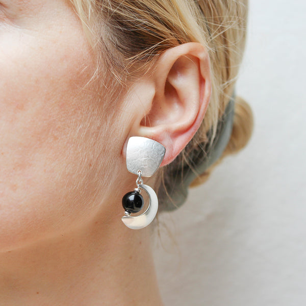 Tapered Square with Crescent and Black Bead Clip or Post Earring