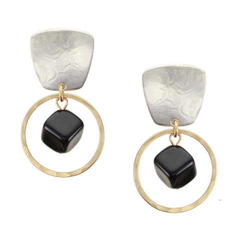 Tapered Square with Ring and Black Cube Bead Clip or Post Earring