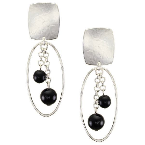 Rounded Rectangle with Oval Ring and Hanging Beads Clip or Post Earring