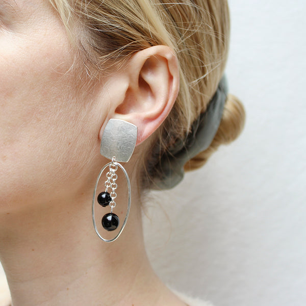 Rounded Rectangle with Oval Ring and Hanging Beads Clip or Post Earring