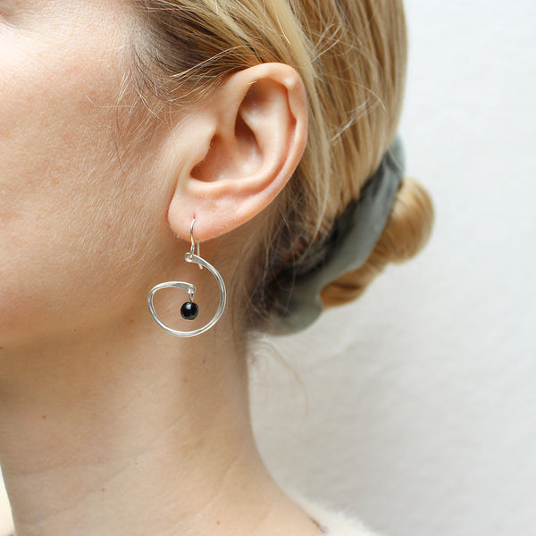 Swirl with Black Bead Wire Earrings
