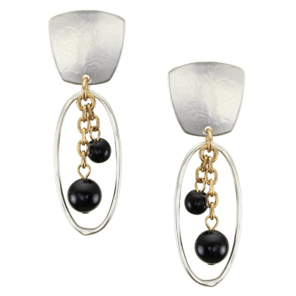Tapered Square with Oval Ring and Hanging Beads Clip or Post Earring