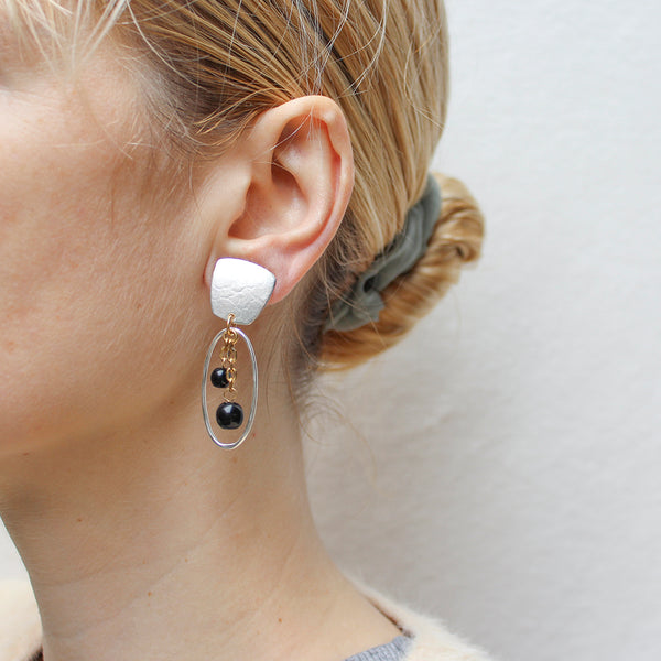 Tapered Square with Oval Ring and Hanging Beads Clip or Post Earring