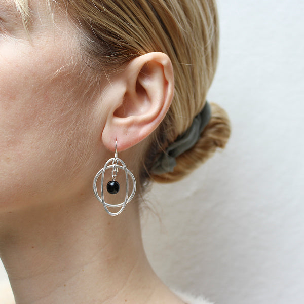 Medium Hoop with Chain and Hanging Black Bead Wire Earrings