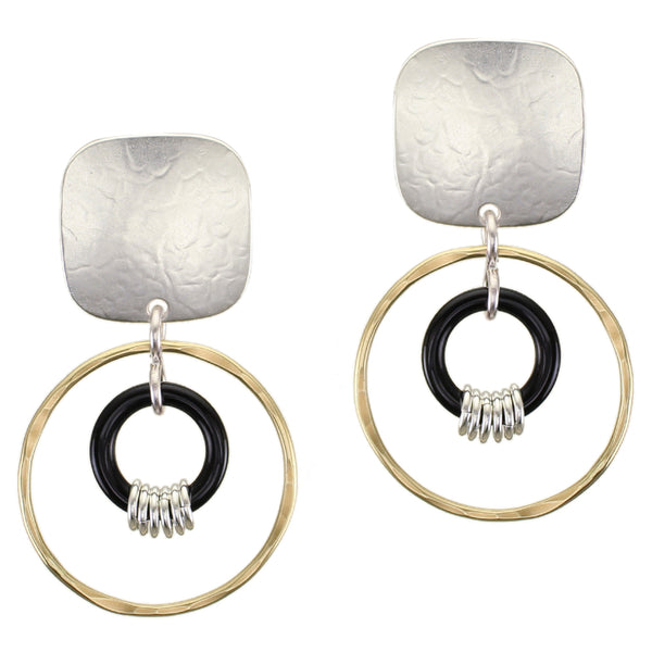 Square with Large Hoop and Black Ring Clip or Post Earring