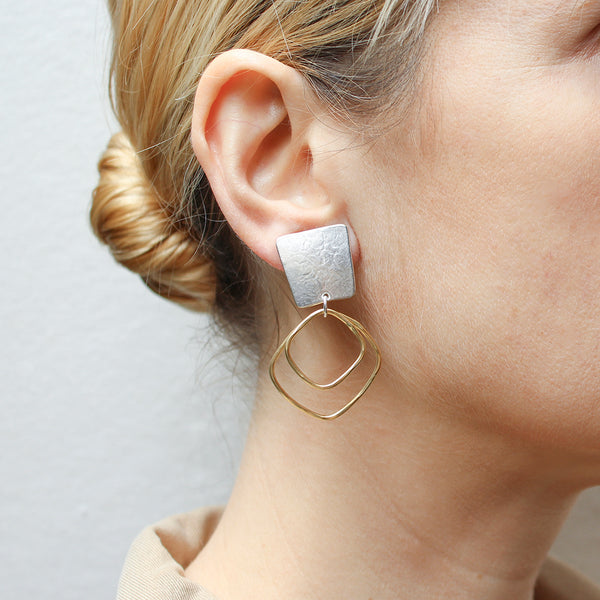 Tapered Square with Double Square Rings Clip or Post Earring