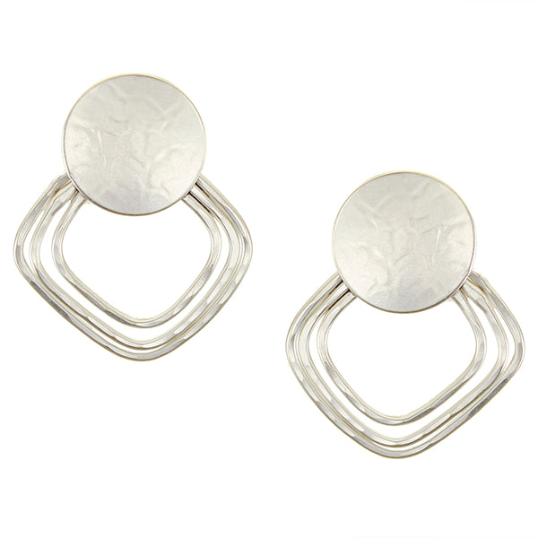 Large Disc with Hammered Square Rings Clip or Post Earring