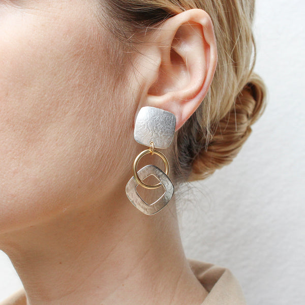 Square with Ring and Interlocking Cutout Square Clip or Post Earring