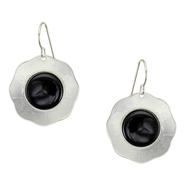 Dished Flower with Large Black Cabochon Wire Earrings
