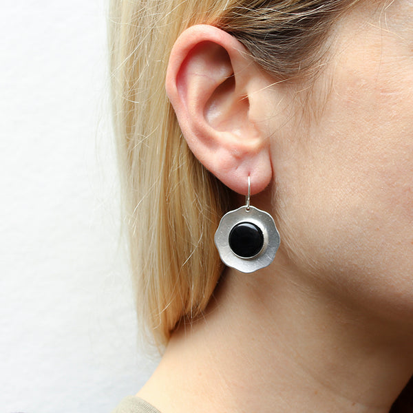 Dished Flower with Large Black Cabochon Wire Earrings