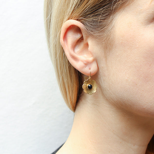 Dished Flower with Black Cabochon Wire Earrings