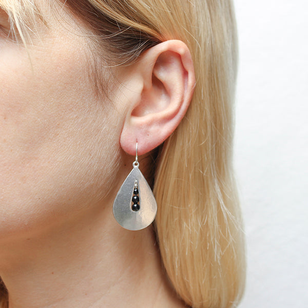 Teardrop and Black Beads Wire Earrings