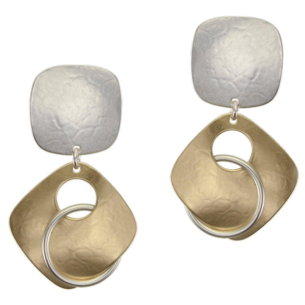 Square with Diamond and Interlocking Ring Post or Clip Earring