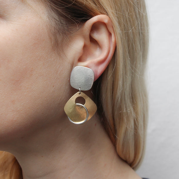 Square with Diamond and Interlocking Ring Post or Clip Earring