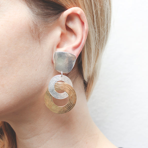 Tapered Square with Large Interlocking Rings Clip or Post Earrings