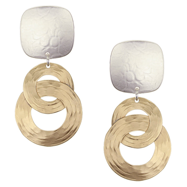 Rounded Square with Interlocking Rings Post or Clip Earrings