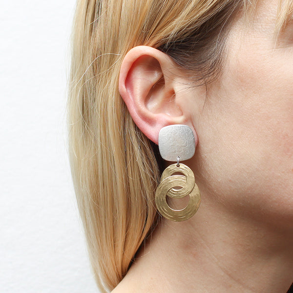 Rounded Square with Interlocking Rings Post or Clip Earrings
