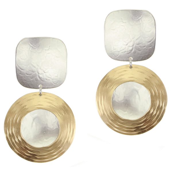 Square with Large Ring and Disc Post or Clip Earrings