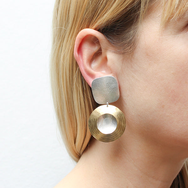 Square with Large Ring and Disc Post or Clip Earrings