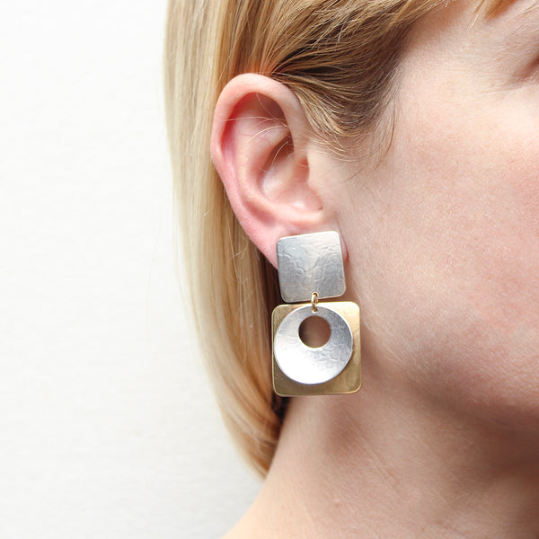 Large Square with Disc and Square Post or Clip Earring
