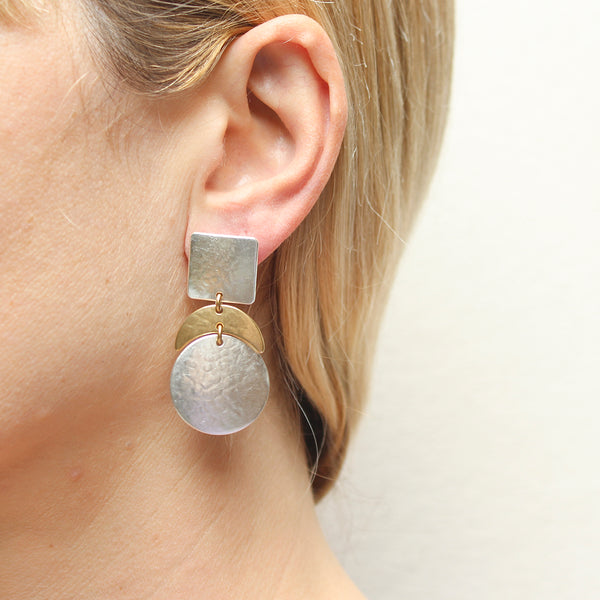 Medium Square with Crescent and Disc Post or Clip Earring