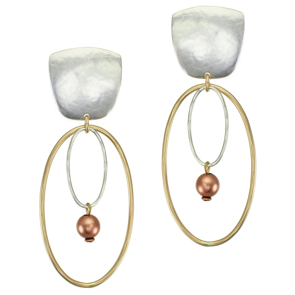 Tapered Square with Large Double Oval Wire Rings with Bead Clip Earring