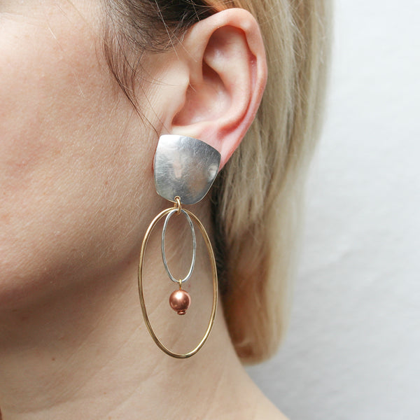 Tapered Square with Large Double Oval Wire Rings with Bead Clip Earring