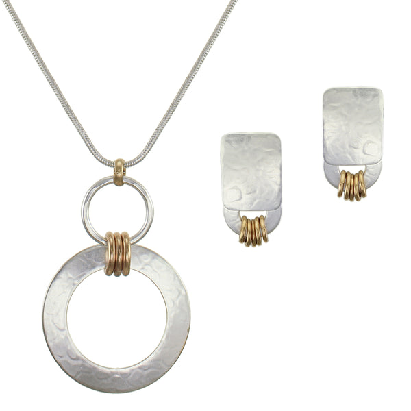 Silver with Brass Accent Rings Matching Set - Necklace and Clip or Post Earrings