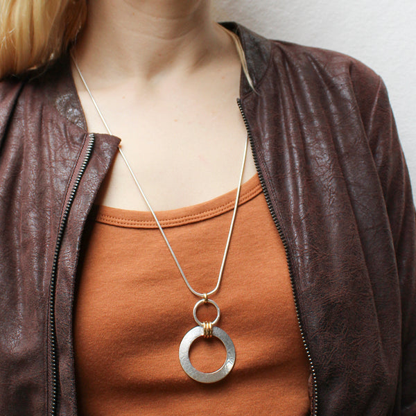Silver with Brass Accent Rings Matching Set - Necklace and Clip or Post Earrings