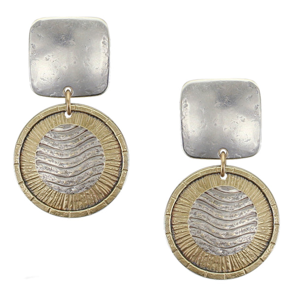 Rounded Square with Wave Pattern Disc Clip or Post Earring