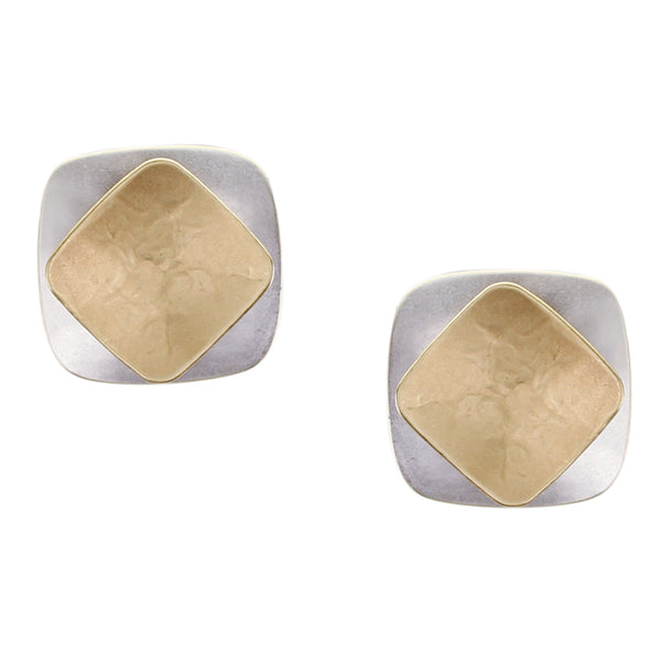 Domed Rounded Square with Concave Diamond Clip or Post Earring