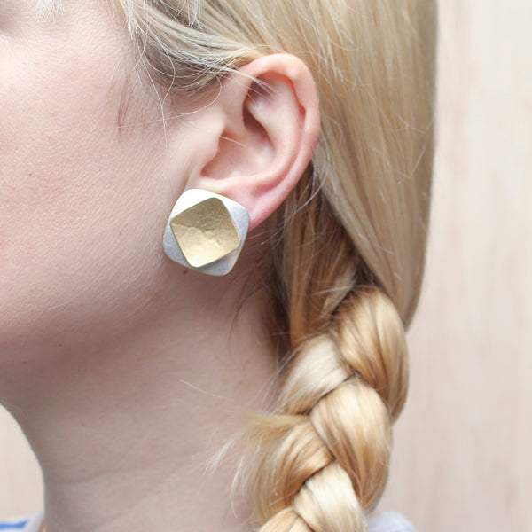 Domed Rounded Square with Concave Diamond Clip or Post Earring
