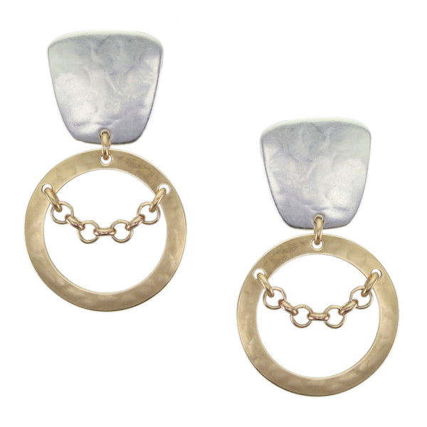 Tapered Square with Small Wide Ring and Chain Clip or Post Earring