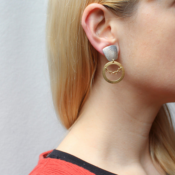 Tapered Square with Small Wide Ring and Chain Clip or Post Earring